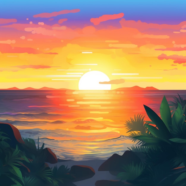Una pintura de una puesta de sol con una isla tropical de fondo.