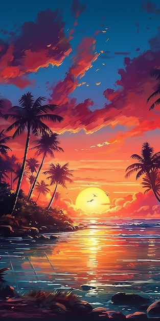 Una pintura de una puesta de sol junto al mar.