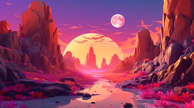 Una pintura de una puesta de sol con luna llena de fondo.