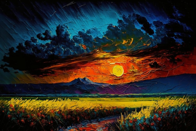 Una pintura de una puesta de sol con montañas al fondo.