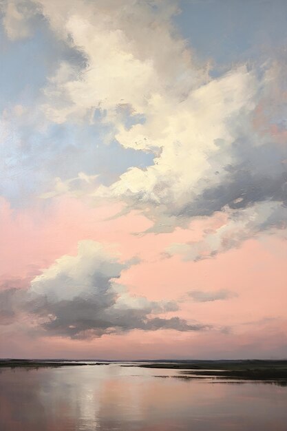 una pintura de una puesta de sol con nubes y un cielo rosado.