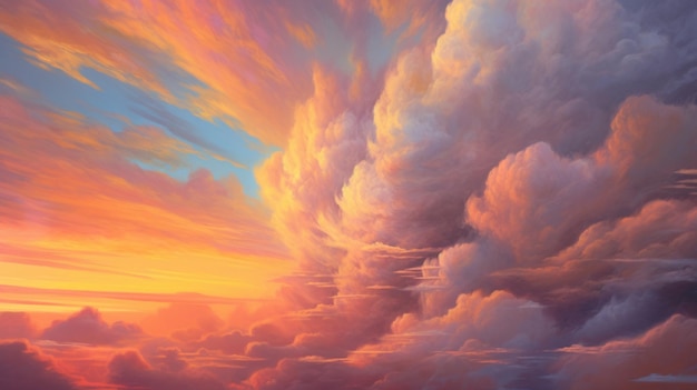 Una pintura de una puesta de sol con nubes en el cielo.