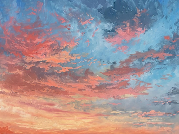 una pintura de una puesta de sol con nubes y el cielo
