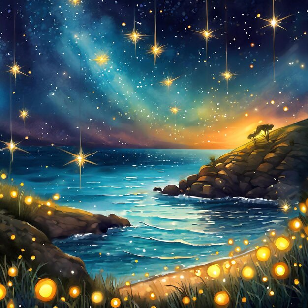 Foto una pintura de una puesta de sol con el océano y el cielo con estrellas