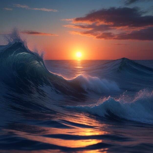 una pintura de una puesta de sol con una ola en el primer plano