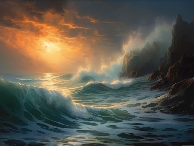Una pintura de una puesta de sol con olas rompiendo en las rocas.