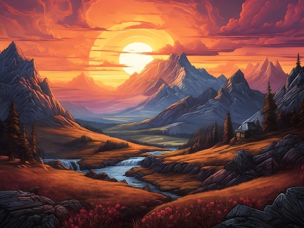 Una pintura de una puesta de sol en el paisaje apocalipsis de las montañas.