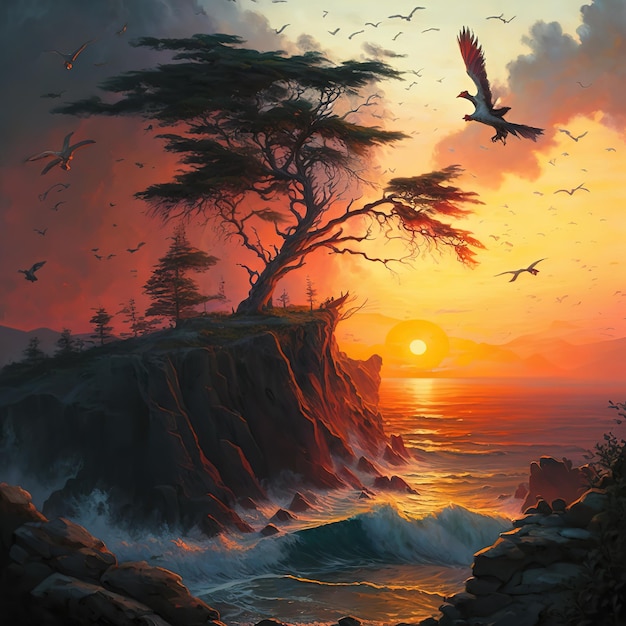 Una pintura de una puesta de sol con un pájaro volando por encima de ella.