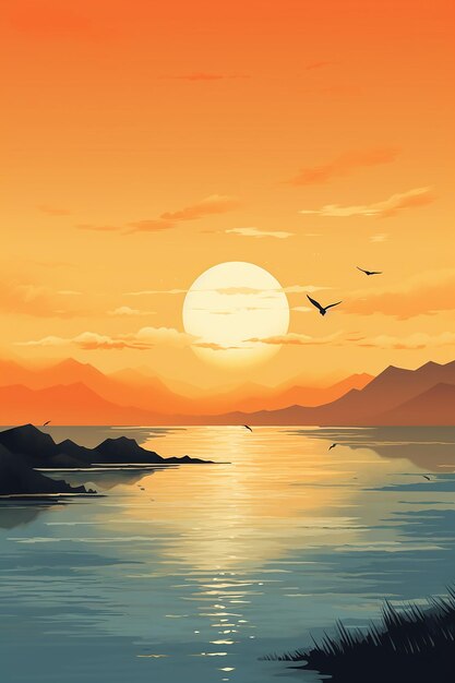 una pintura de una puesta de sol con pájaros volando sobre el agua.