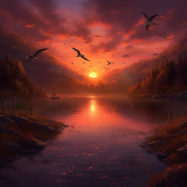 pintura de una puesta de sol con pájaros volando sobre un lago generativo ai