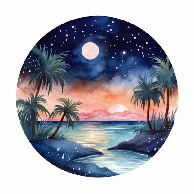 Una pintura de una puesta de sol con palmeras y un cuerpo de agua generativa ai