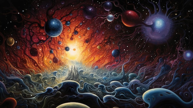 una pintura de una puesta de sol con planetas y una estrella en el medio.