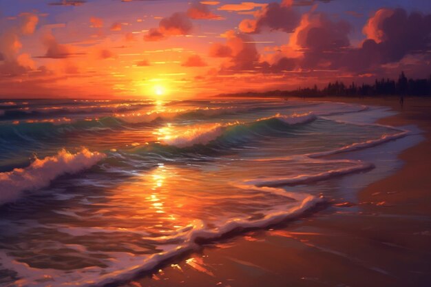 pintura de una puesta de sol en una playa con olas que vienen en generativo ai