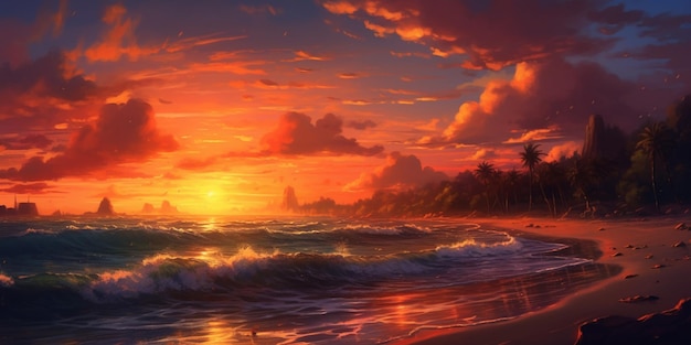 Pintura de una puesta de sol en una playa con olas rompiendo ai generativo
