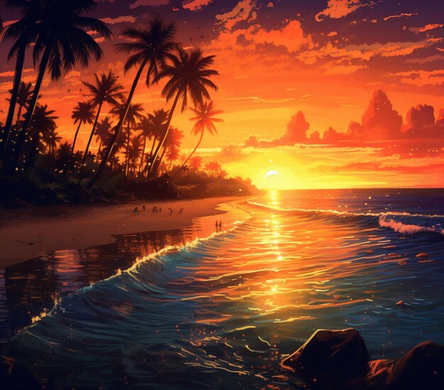 pintura de una puesta de sol en una playa tropical con palmeras generativa ai