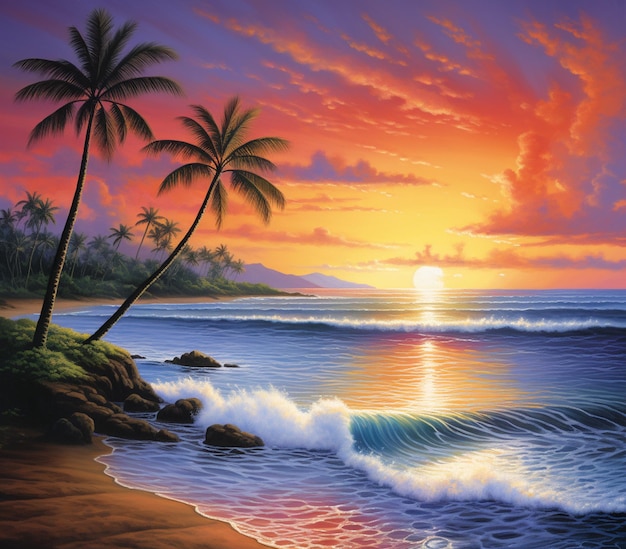 Pintura de una puesta de sol en una playa tropical con palmeras generativas ai