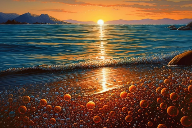 Una pintura de una puesta de sol con la puesta de sol en el horizonte.