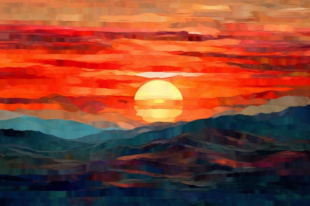 Una pintura de una puesta de sol con la puesta de sol sobre las montañas.