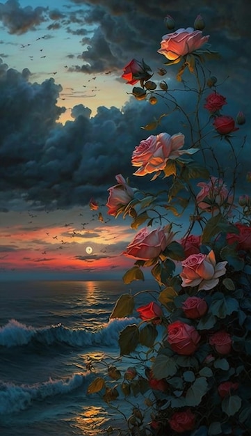 Una pintura de una puesta de sol con rosas.