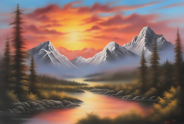 Una pintura de una puesta de sol sobre una cadena montañosa Una pintura con aerógrafo de Bob Ross