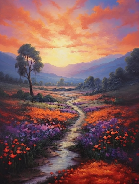 pintura de una puesta de sol sobre un campo de flores con un arroyo generativo ai