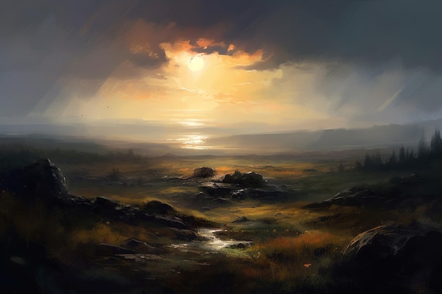 Una pintura de una puesta de sol sobre un campo con un río que lo atraviesa.
