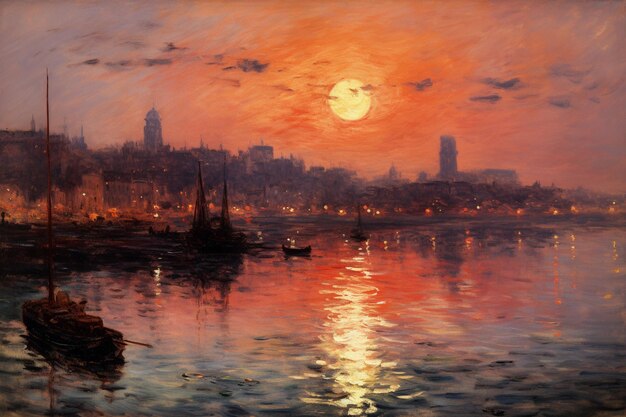 Pintura de una puesta de sol sobre una ciudad con barcos en el agua generativa ai