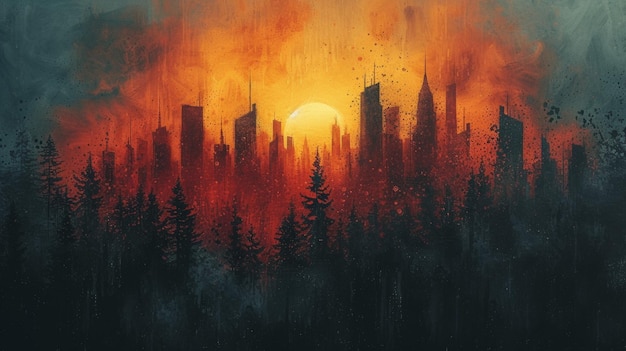 Una pintura de una puesta de sol sobre una ciudad