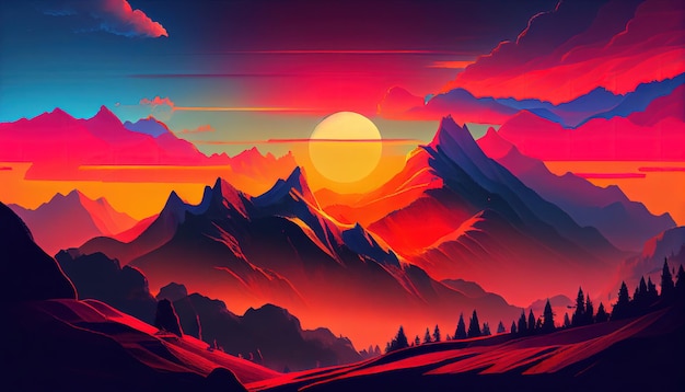 Una pintura de una puesta de sol sobre una cordillera AI generativa