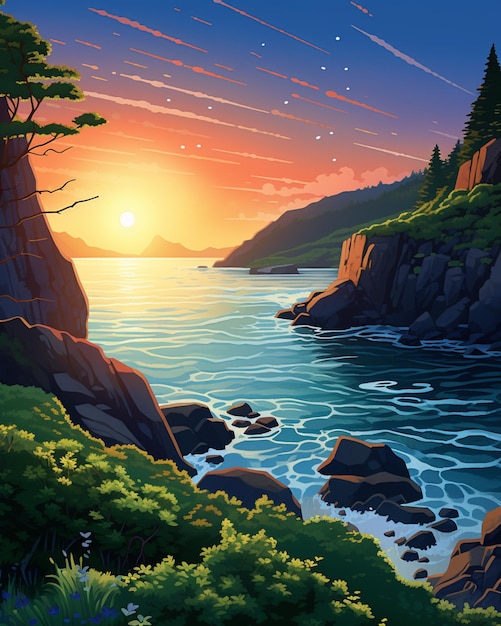 pintura de una puesta de sol sobre una costa rocosa con un cuerpo de agua generativa ai