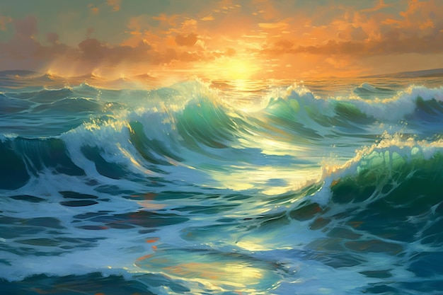 Pintura de una puesta de sol sobre una gran masa de agua generativa ai