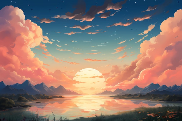 Una pintura de una puesta de sol sobre un lago y montañas.