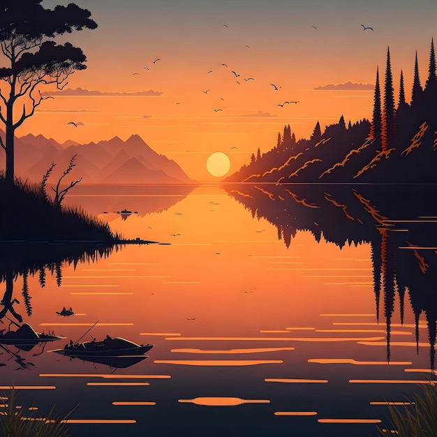 Foto una pintura de una puesta de sol sobre un lago pacífico