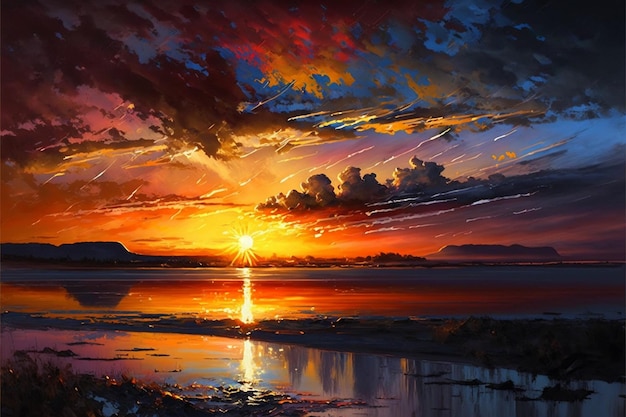 Una pintura de una puesta de sol sobre un lago.