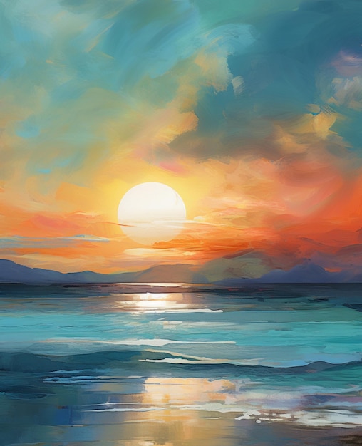 Pintura de una puesta de sol sobre el océano con un barco en el agua generativo ai