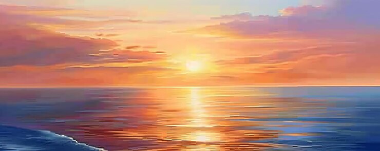 pintura de una puesta de sol sobre el océano con un barco en la distancia