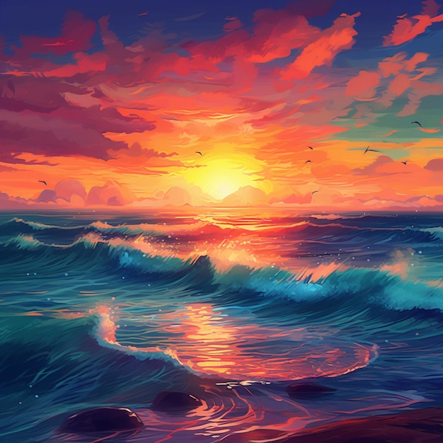 pintura de una puesta de sol sobre el océano con olas y pájaros volando ai generativo