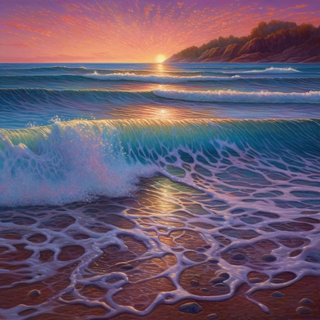 Pintura de una puesta de sol sobre el océano con olas que chocan generativo ai