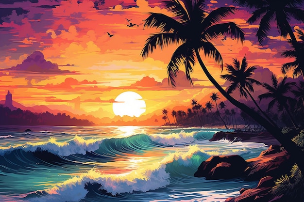 Pintura de una puesta de sol sobre el océano con palmeras y olas generativas ai