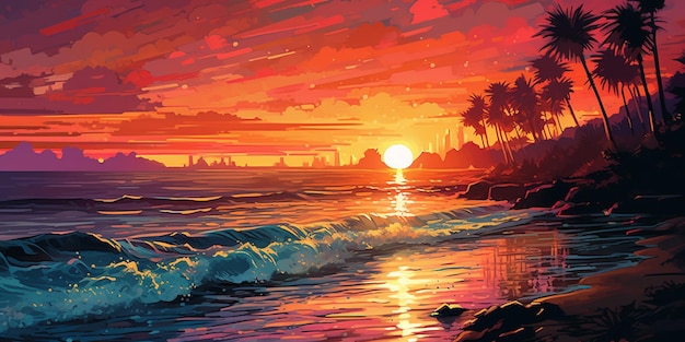 Pintura de una puesta de sol sobre el océano con palmeras y una playa generativa ai