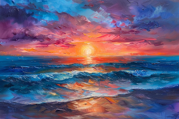 Una pintura de una puesta de sol sobre el océano