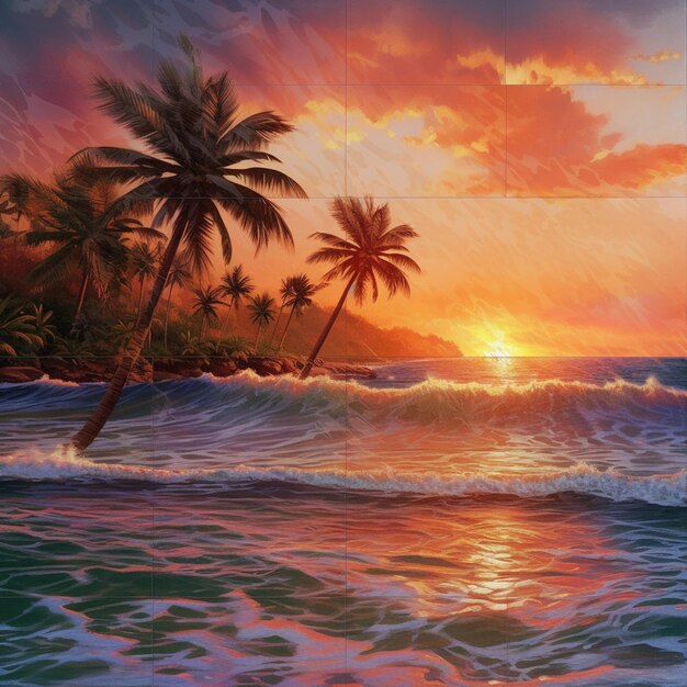 pintura de una puesta de sol sobre una playa con palmeras y olas generativas ai