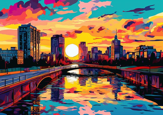 Pintura de una puesta de sol sobre un río con un puente y edificios generativos ai