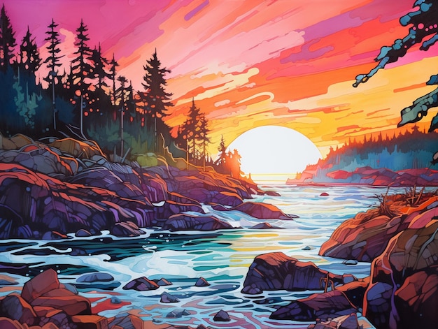 pintura de una puesta de sol sobre un río con rocas y árboles generativos ai