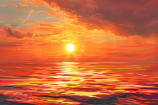 Una pintura de una puesta de sol con un sol en el cielo y un cuerpo de agua