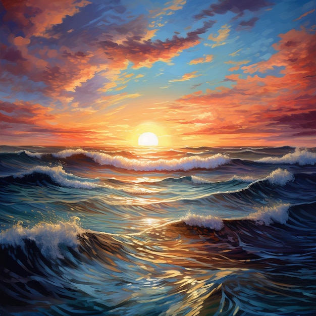 una pintura de una puesta de sol con el sol poniéndose detrás del horizonte.
