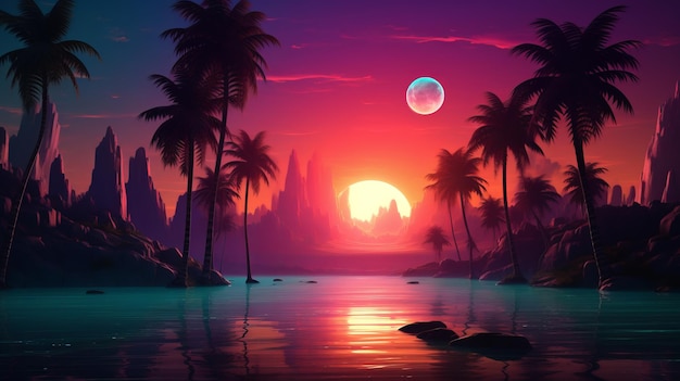 Una pintura de una puesta de sol tropical con palmeras.