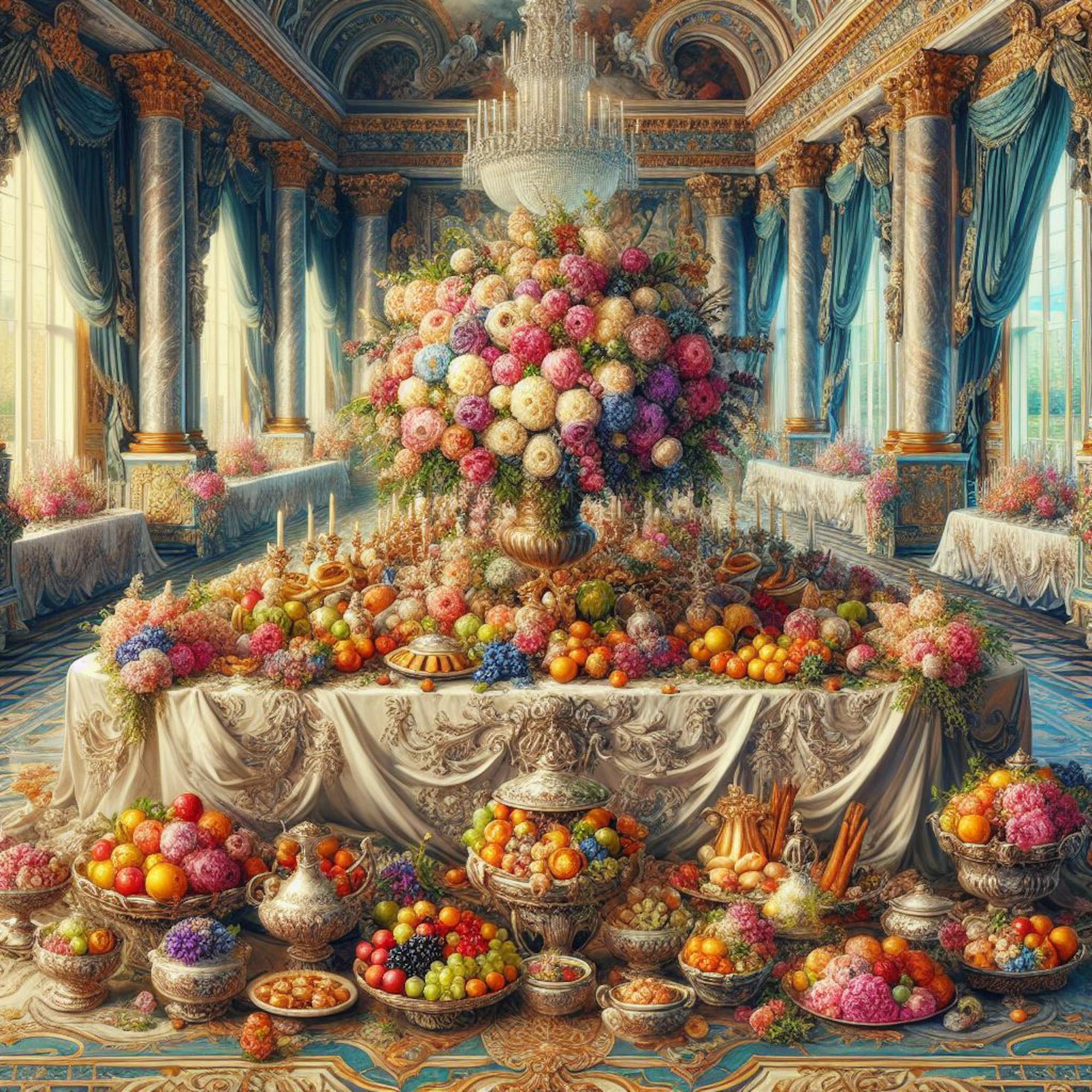 una pintura de un puesto de frutas con un ramo de frutas en él