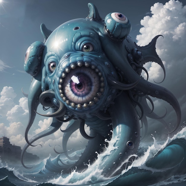 Una pintura de un pulpo azul con un gran ojo y un gran ojo morado.