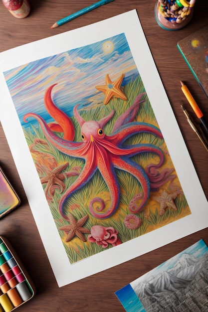 una pintura de un pulpo y estrellas de mar en una mesa